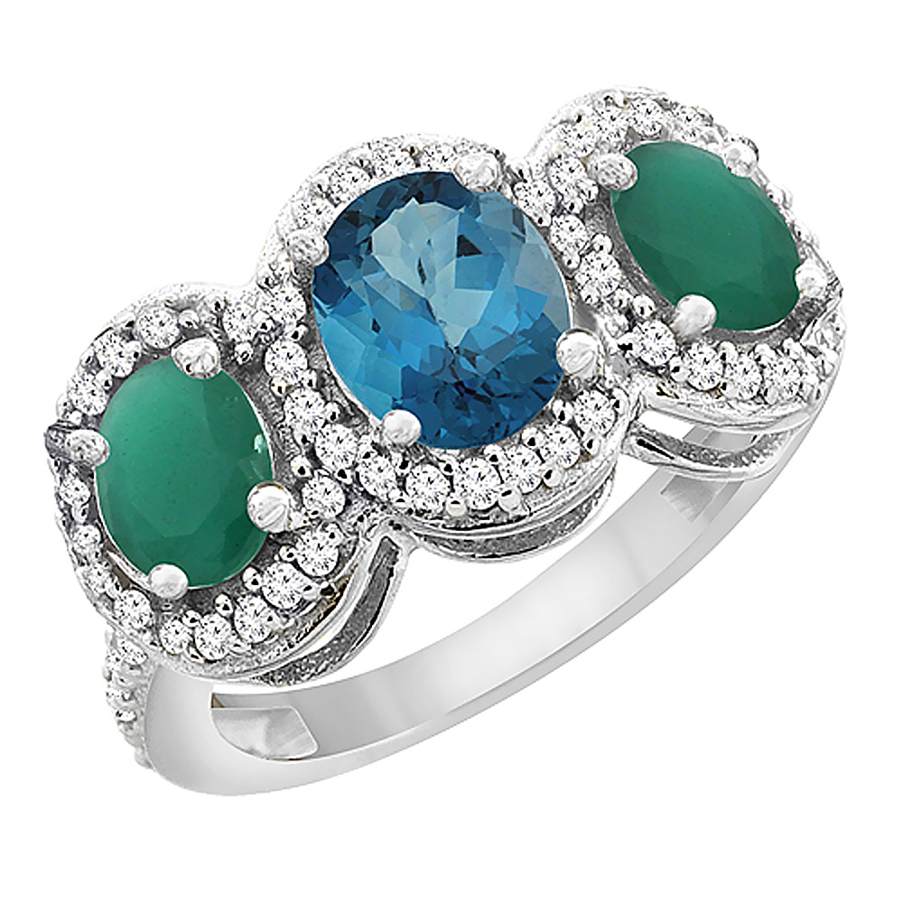 14K White Gold Natural London Blue Topaz &amp; Emerald 3-Stone Ring Oval Diamond Accent, sizes 5 - 10