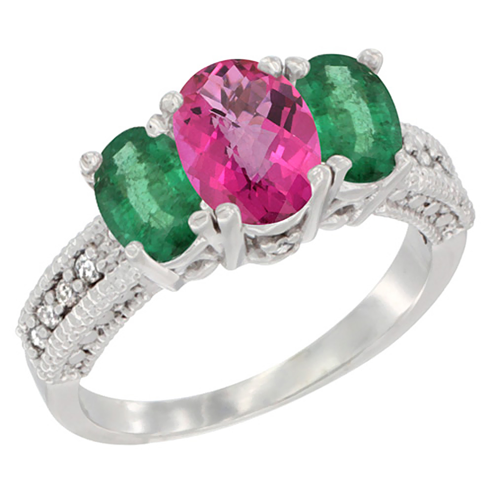 10K White Gold Diamond Natural Pink Topaz Ring Oval 3-stone with Emerald, sizes 5 - 10