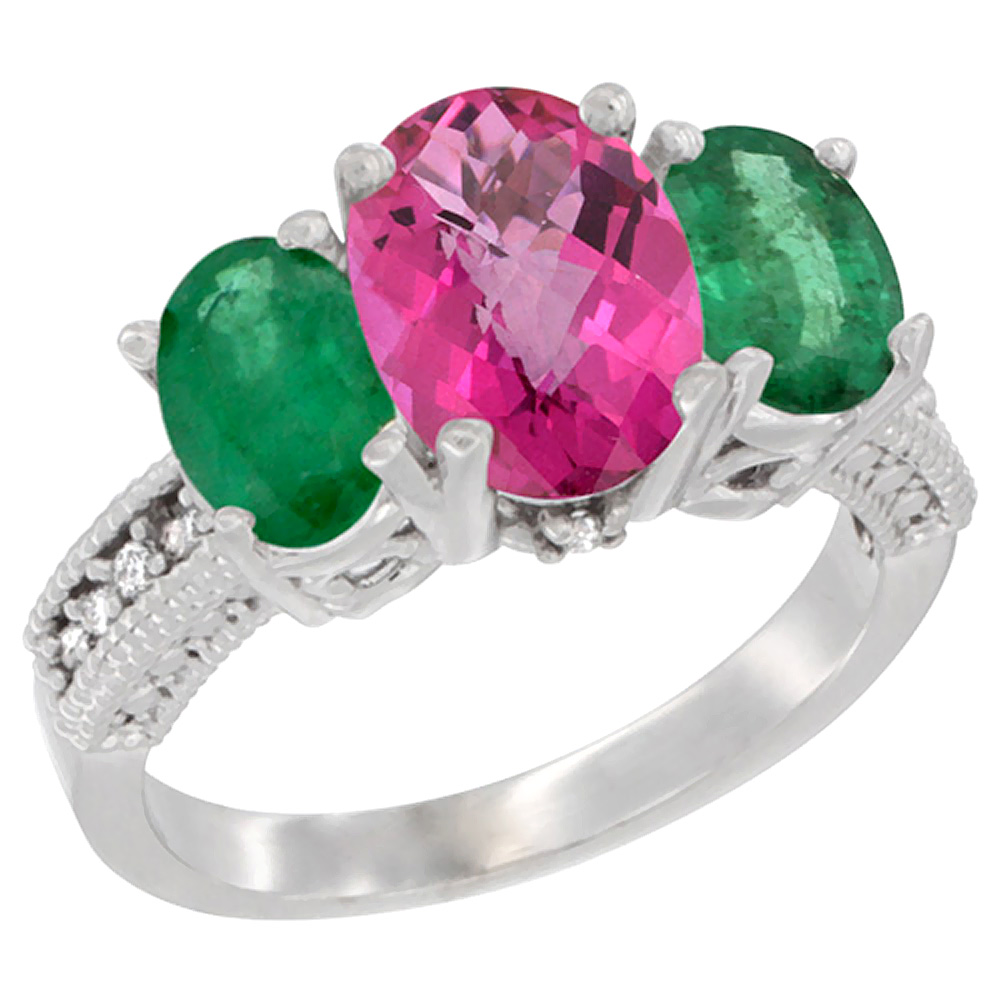 14K White Gold Diamond Natural Pink Topaz Ring 3-Stone Oval 8x6mm with Emerald, sizes5-10