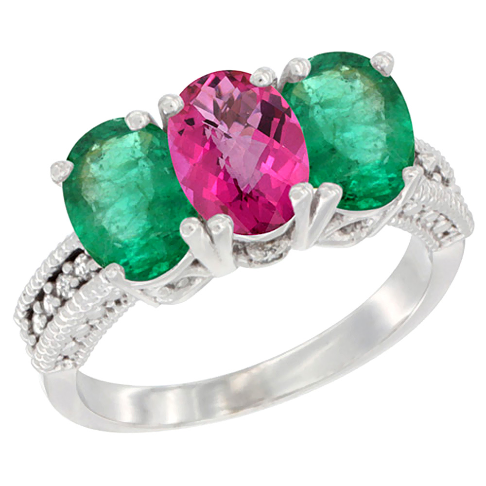 14K White Gold Natural Pink Topaz &amp; Emerald Sides Ring 3-Stone 7x5 mm Oval Diamond Accent, sizes 5 - 10