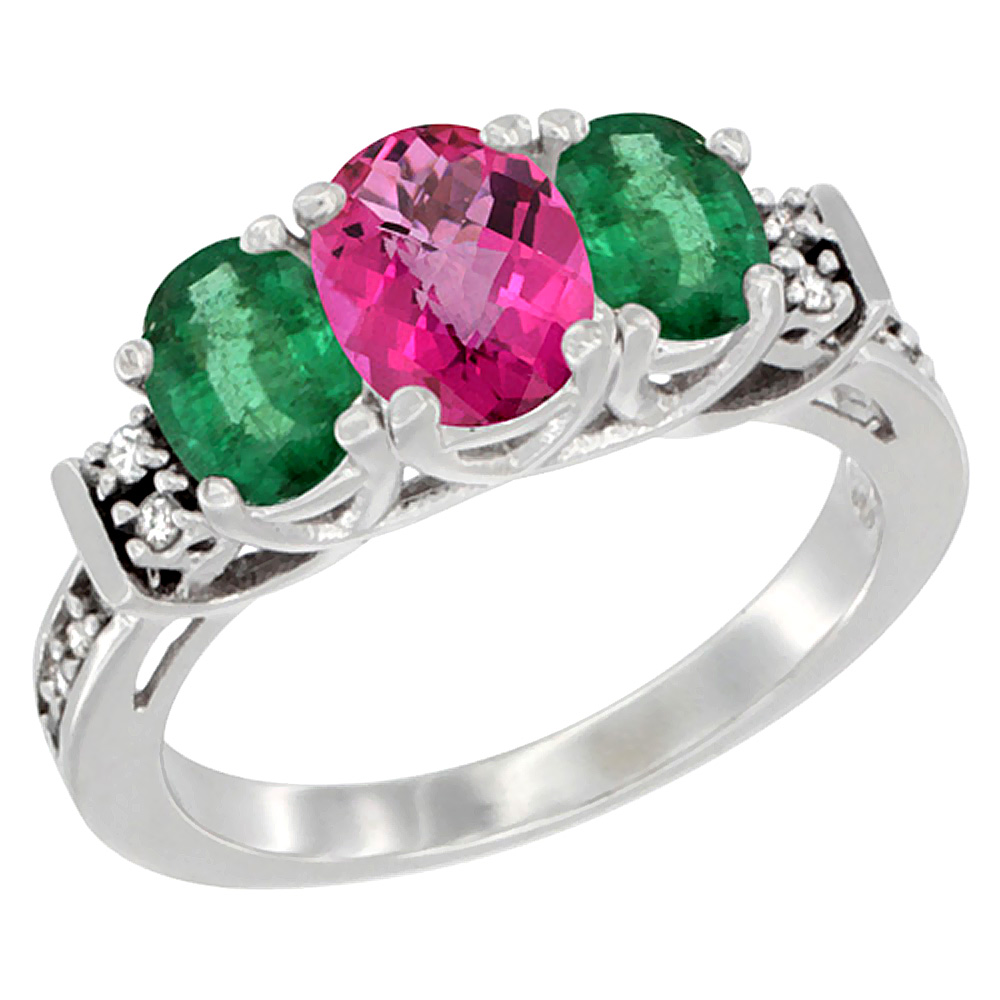 14K White Gold Natural Pink Topaz &amp; Emerald Ring 3-Stone Oval Diamond Accent, sizes 5-10