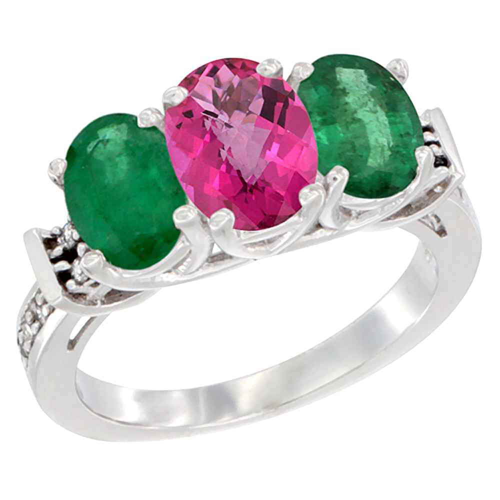 14K White Gold Natural Pink Topaz &amp; Emerald Sides Ring 3-Stone Oval Diamond Accent, sizes 5 - 10