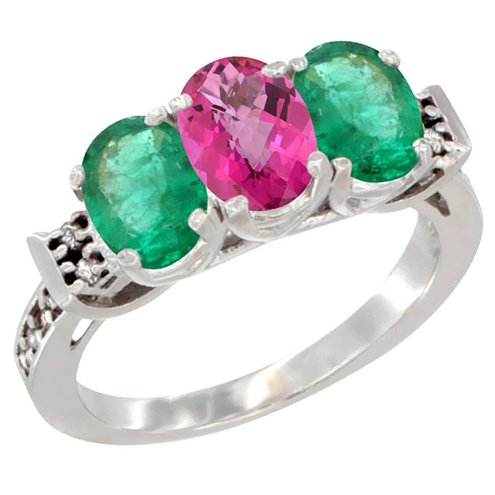 14K White Gold Natural Pink Topaz & Emerald Sides Ring 3-Stone Oval 7x5 mm Diamond Accent, sizes 5 - 10