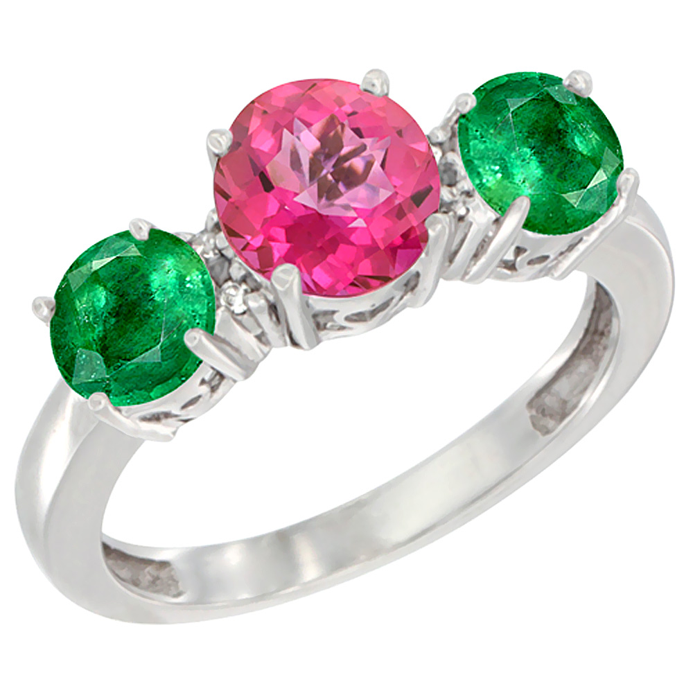 14K White Gold Round 3-Stone Natural Pink Topaz Ring & Emerald Sides Diamond Accent, sizes 5 - 10
