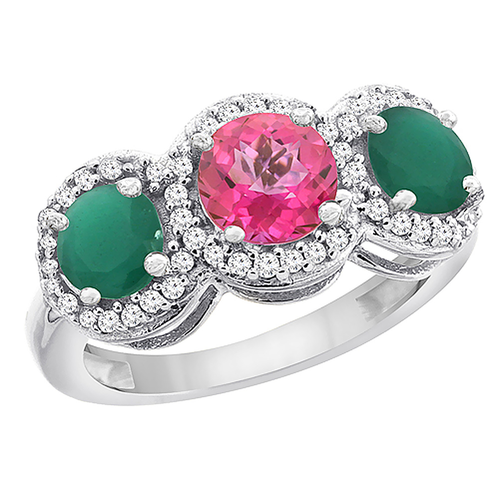 14K White Gold Natural Pink Topaz &amp; Emerald Sides Round 3-stone Ring Diamond Accents, sizes 5 - 10