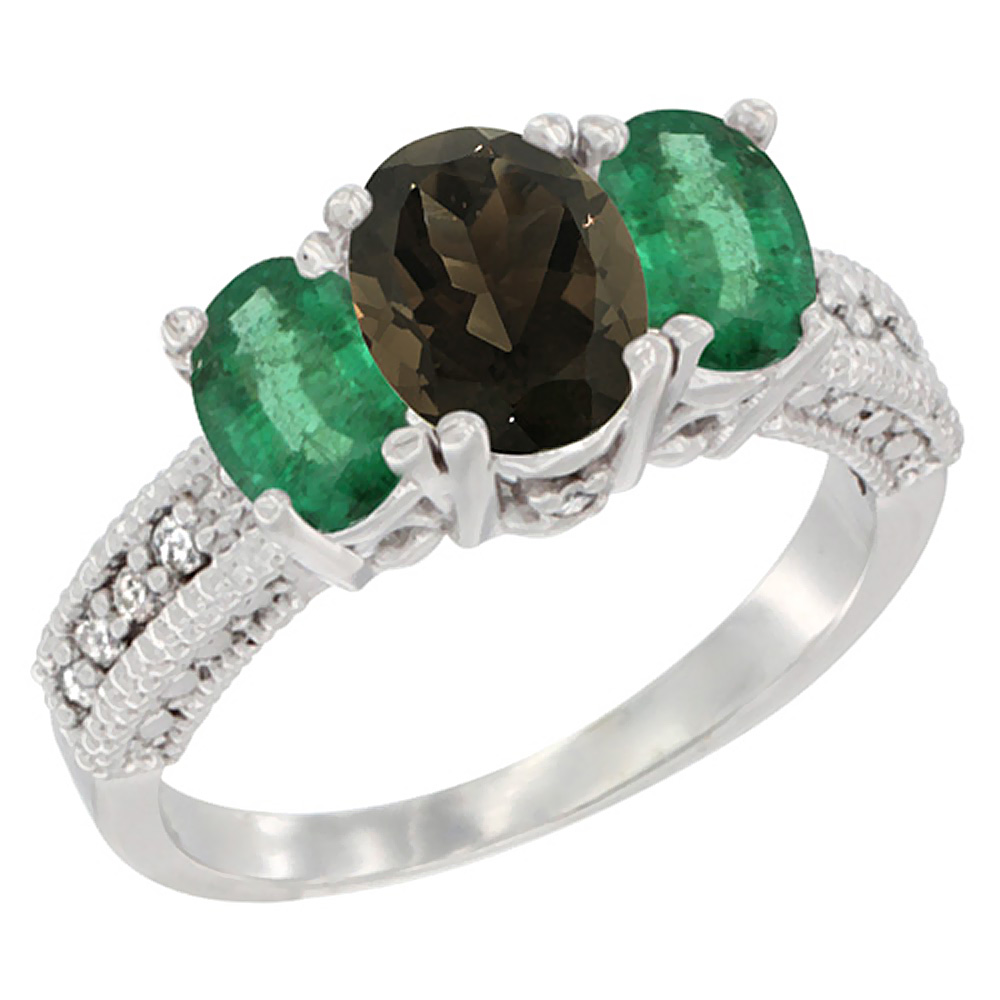 10K White Gold Diamond Natural Smoky Topaz Ring Oval 3-stone with Emerald, sizes 5 - 10