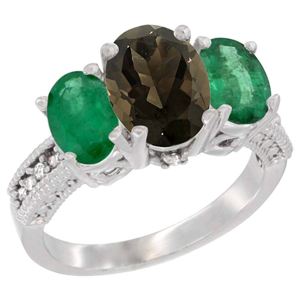 14K White Gold Diamond Natural Smoky Topaz Ring 3-Stone Oval 8x6mm with Emerald, sizes5-10