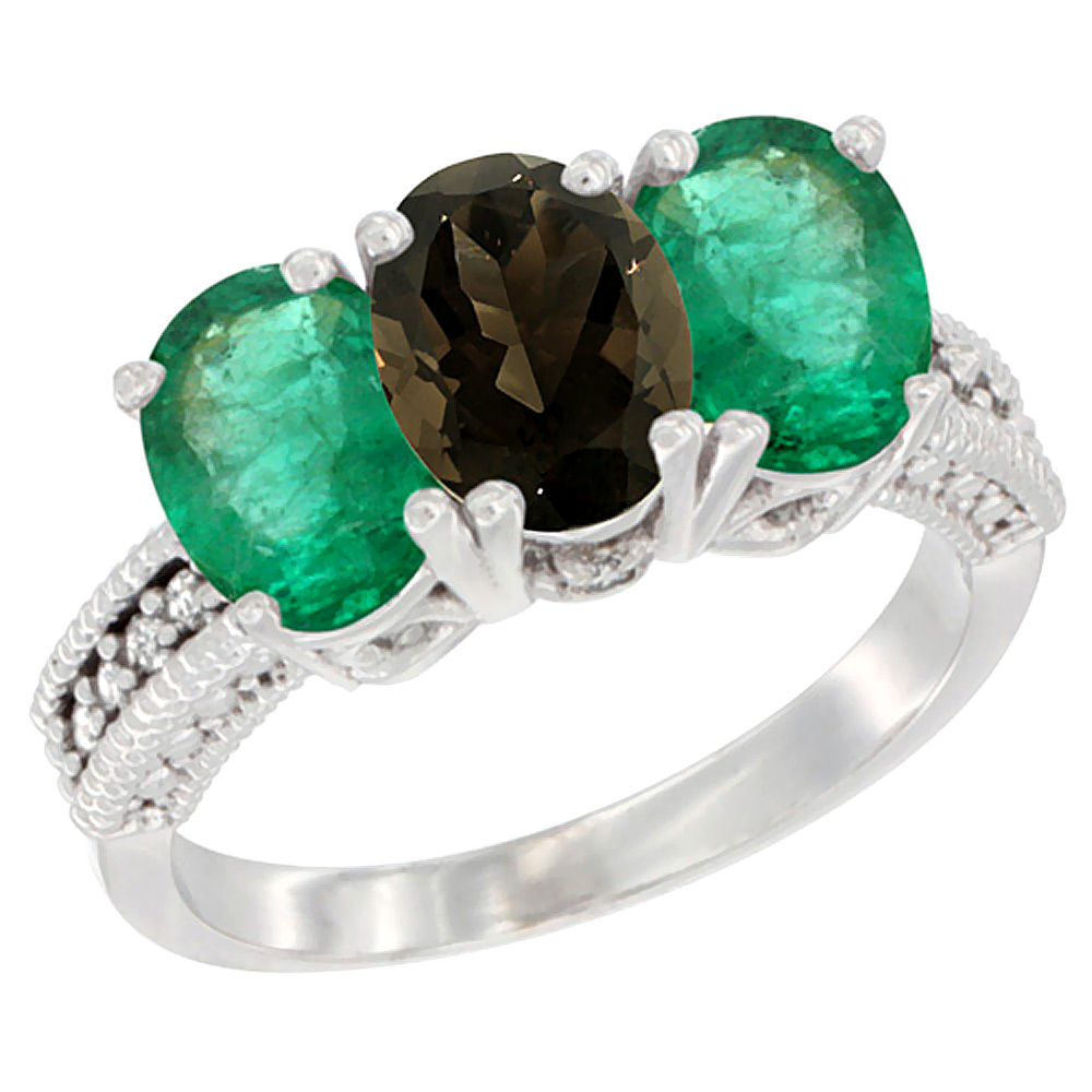14K White Gold Natural Smoky Topaz &amp; Emerald Sides Ring 3-Stone 7x5 mm Oval Diamond Accent, sizes 5 - 10