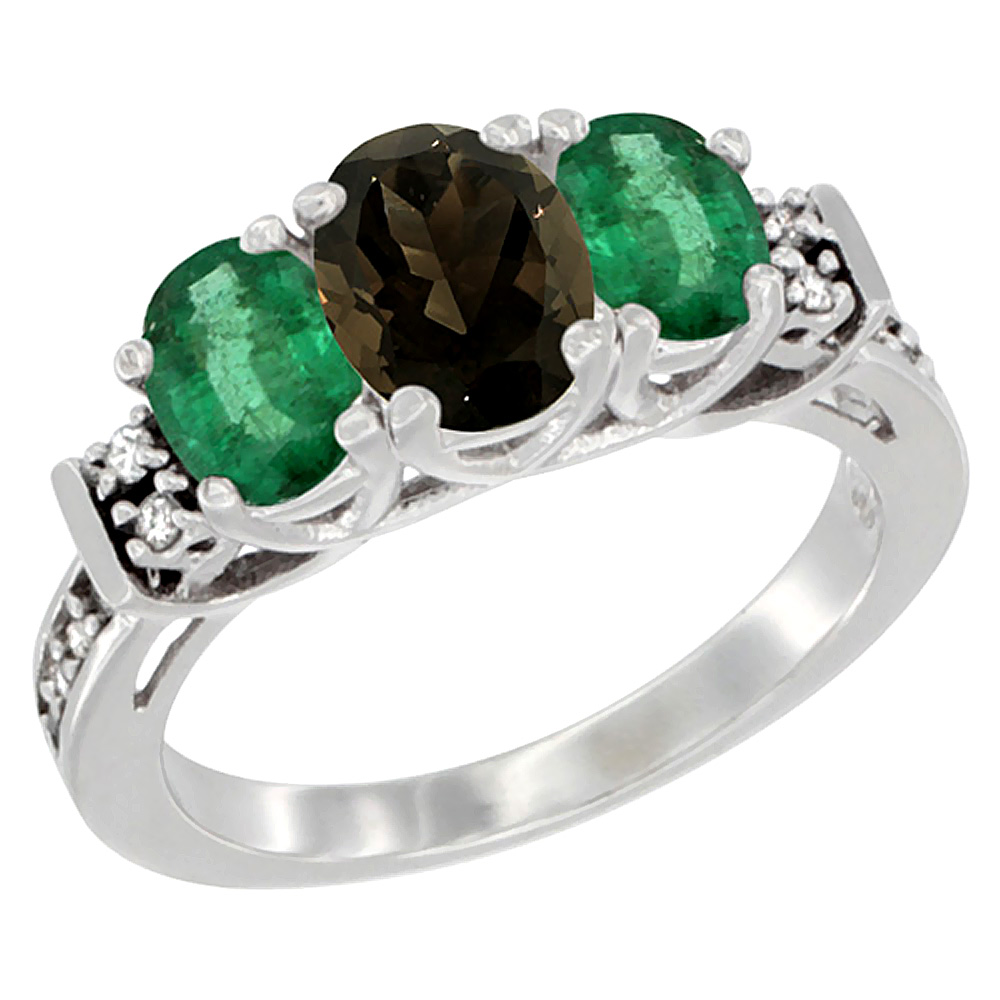 14K White Gold Natural Smoky Topaz & Emerald Ring 3-Stone Oval Diamond Accent, sizes 5-10