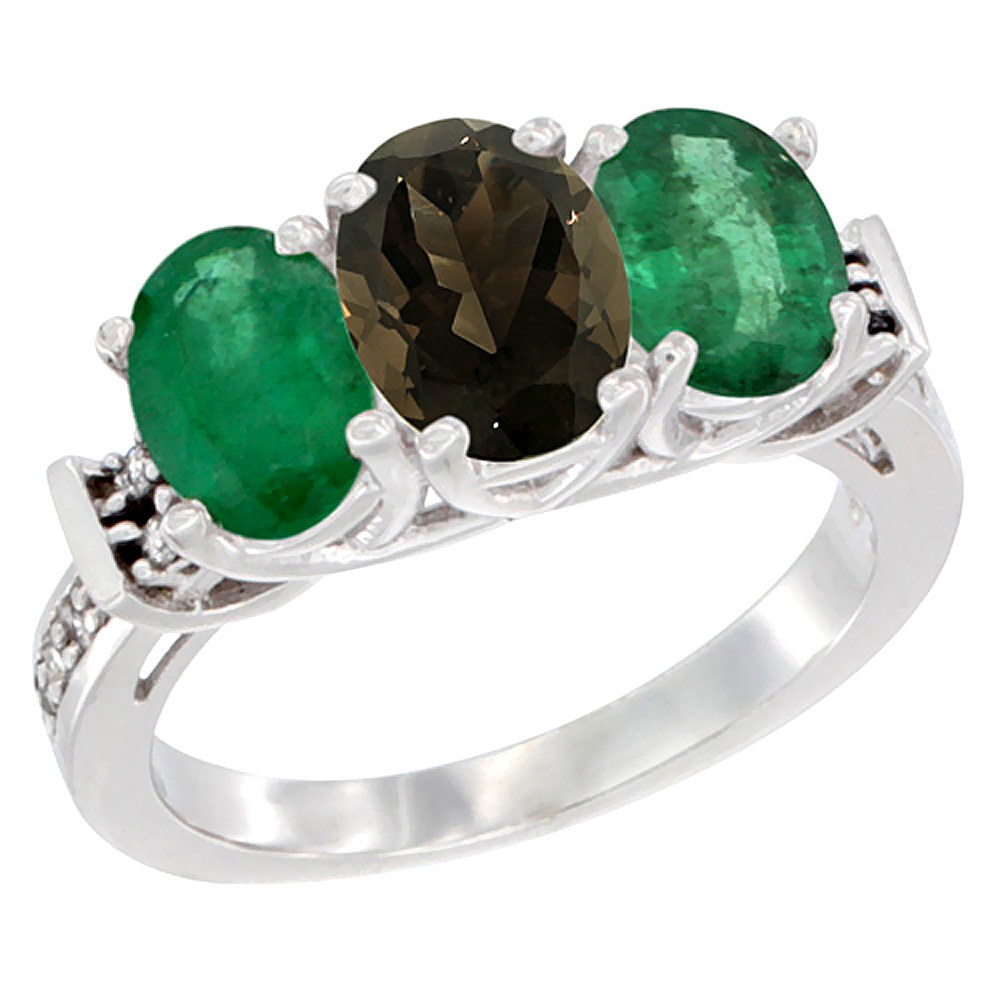 10K White Gold Natural Smoky Topaz & Emerald Sides Ring 3-Stone Oval Diamond Accent, sizes 5 - 10