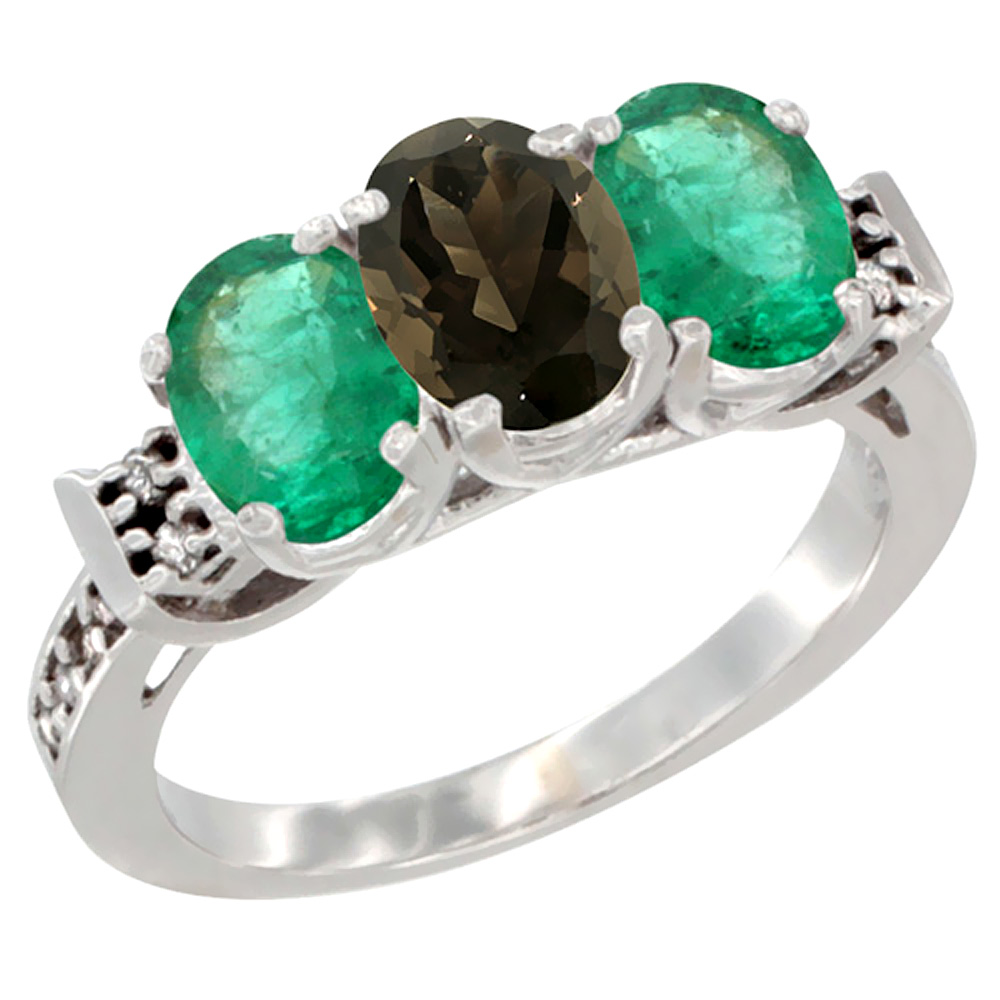 14K White Gold Natural Smoky Topaz &amp; Emerald Sides Ring 3-Stone Oval 7x5 mm Diamond Accent, sizes 5 - 10