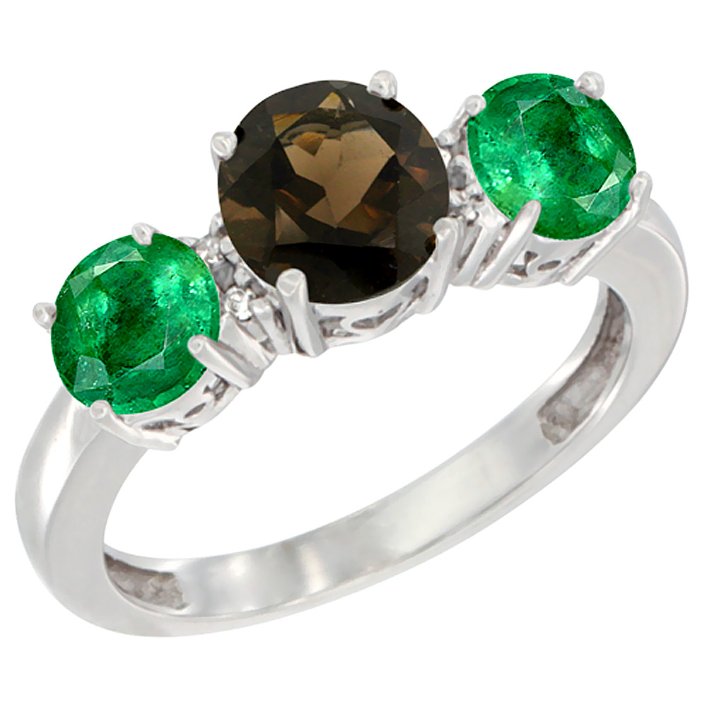14K White Gold Round 3-Stone Natural Smoky Topaz Ring & Emerald Sides Diamond Accent, sizes 5 - 10