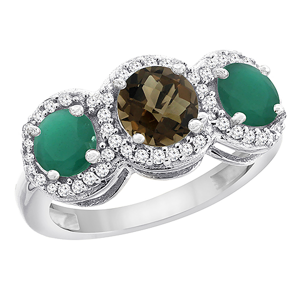 10K White Gold Natural Smoky Topaz &amp; Emerald Sides Round 3-stone Ring Diamond Accents, sizes 5 - 10