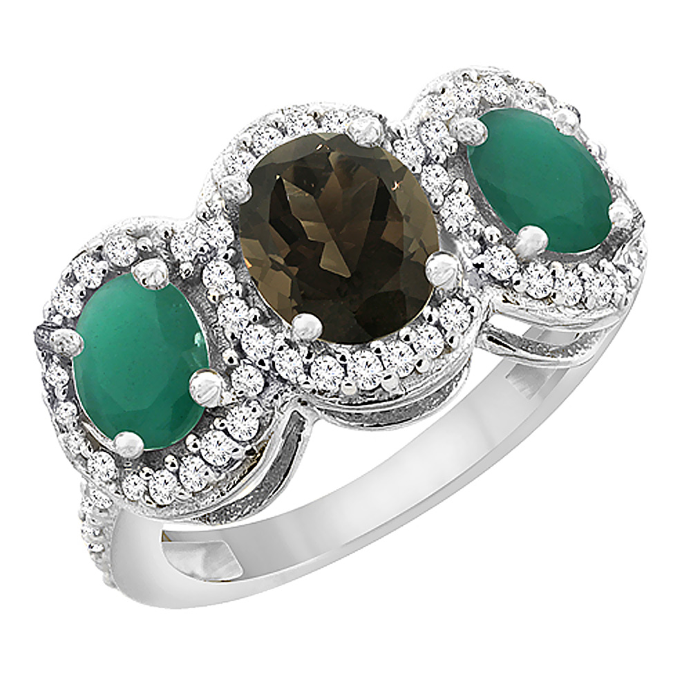 14K White Gold Natural Smoky Topaz & Emerald 3-Stone Ring Oval Diamond Accent, sizes 5 - 10