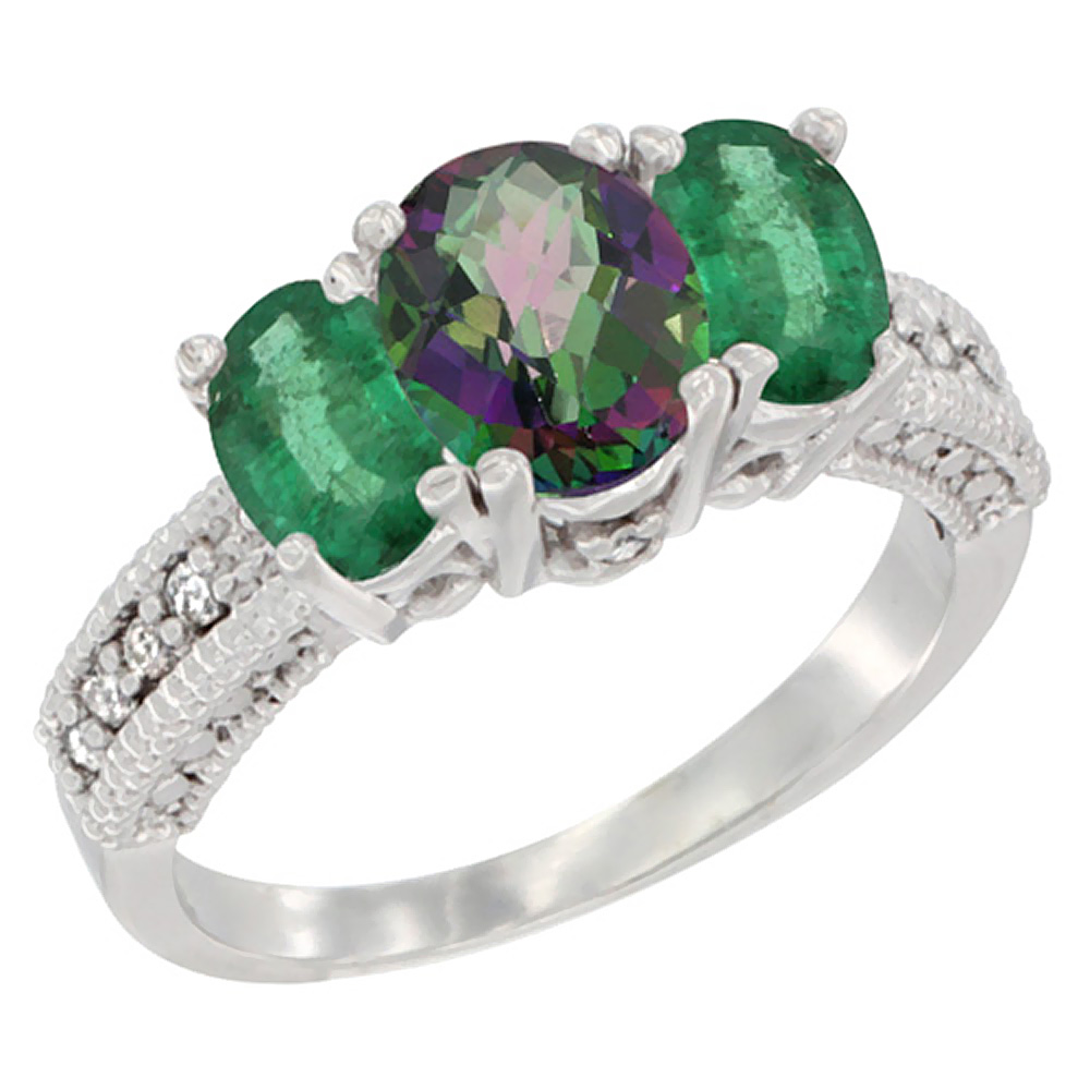 14K White Gold Diamond Natural Mystic Topaz Ring Oval 3-stone with Emerald, sizes 5 - 10