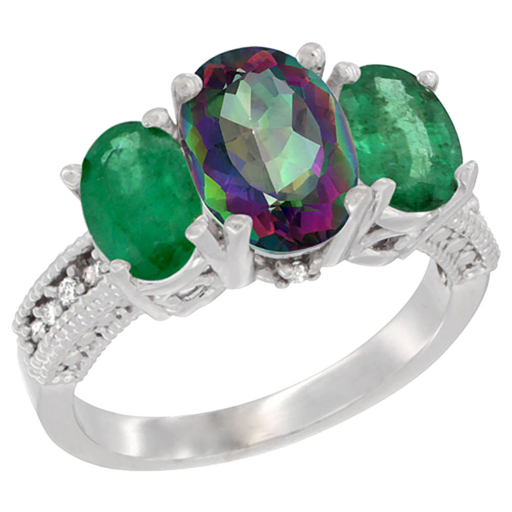 14K White Gold Diamond Natural Mystic Topaz Ring 3-Stone Oval 8x6mm with Emerald, sizes5-10