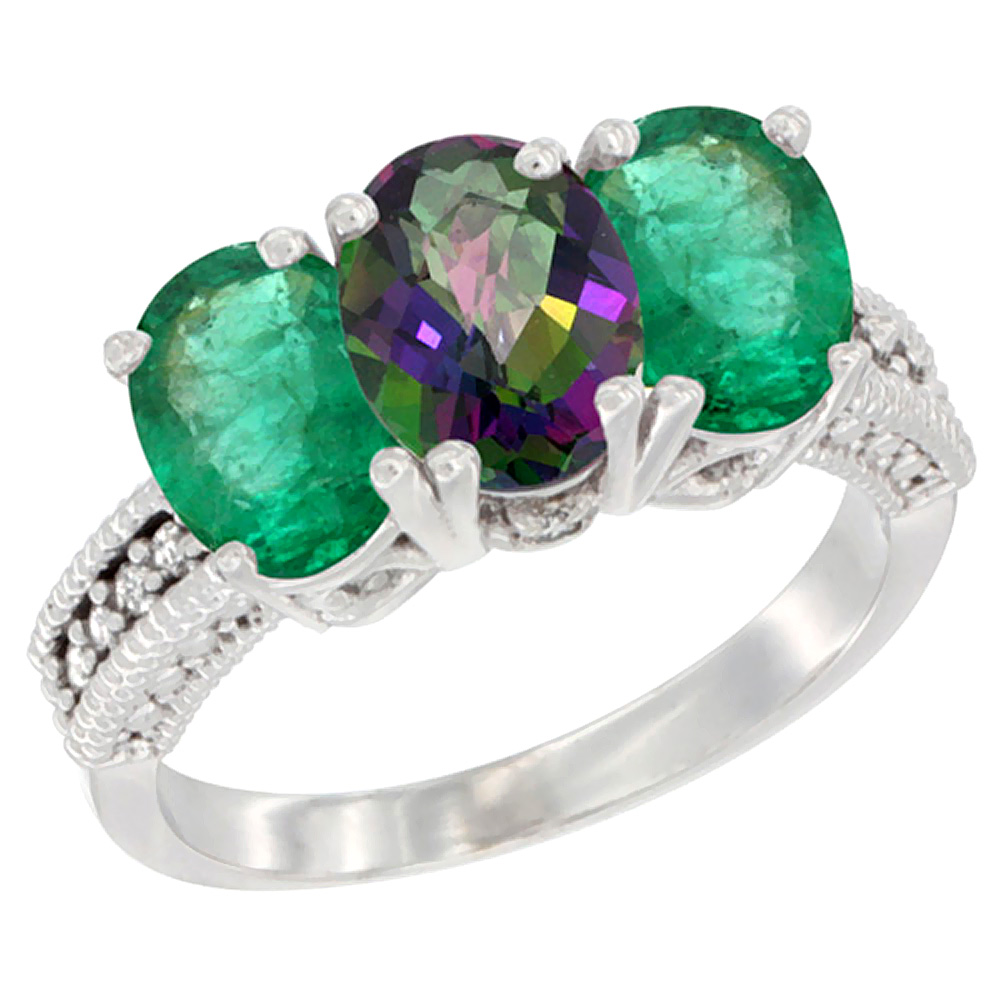 14K White Gold Natural Mystic Topaz & Emerald Sides Ring 3-Stone 7x5 mm Oval Diamond Accent, sizes 5 - 10