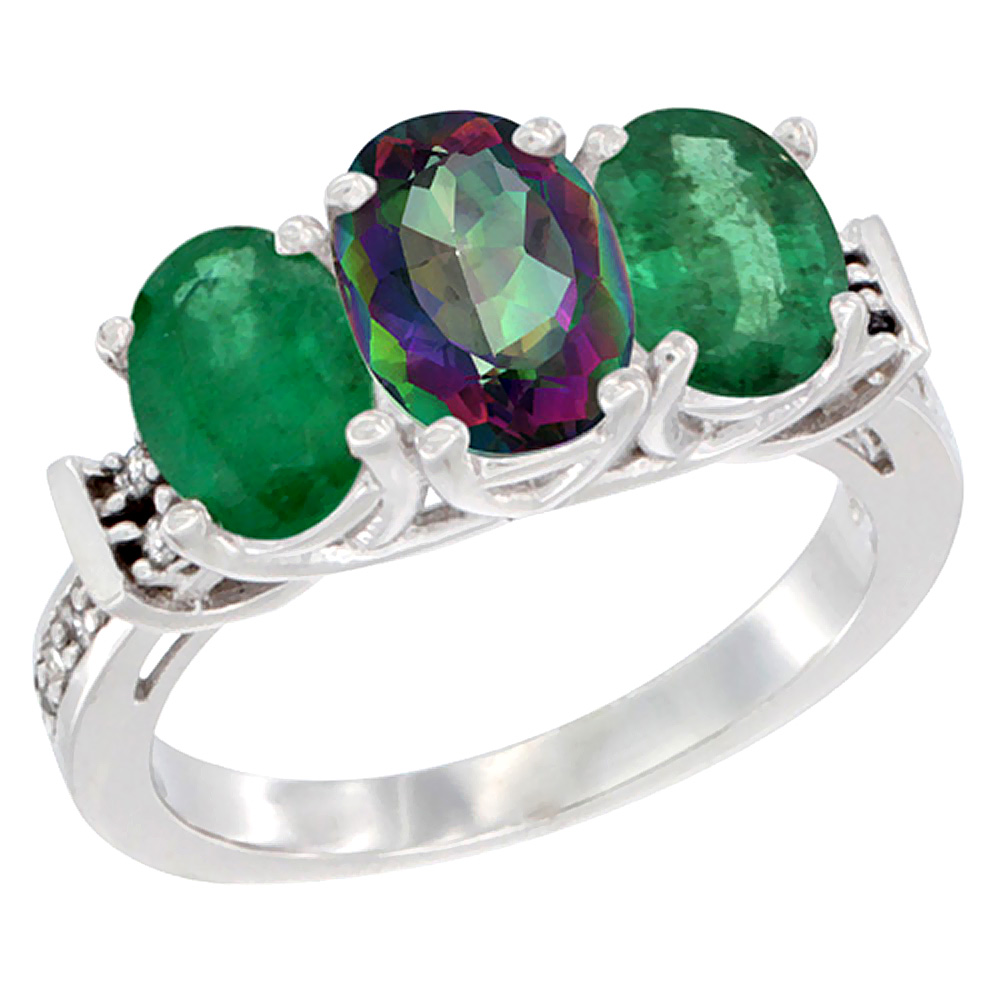 10K White Gold Natural Mystic Topaz &amp; Emerald Sides Ring 3-Stone Oval Diamond Accent, sizes 5 - 10