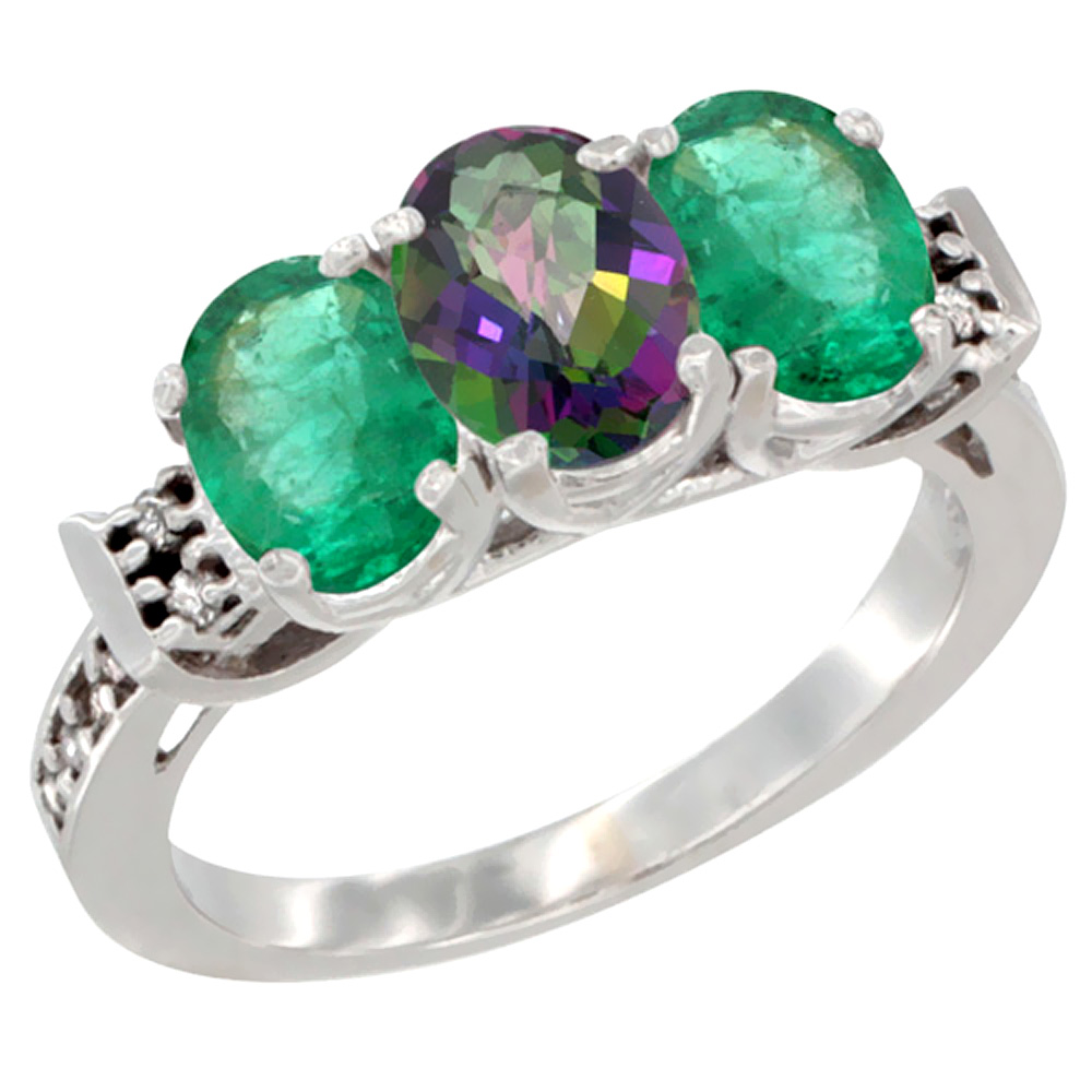 10K White Gold Natural Mystic Topaz &amp; Emerald Sides Ring 3-Stone Oval 7x5 mm Diamond Accent, sizes 5 - 10