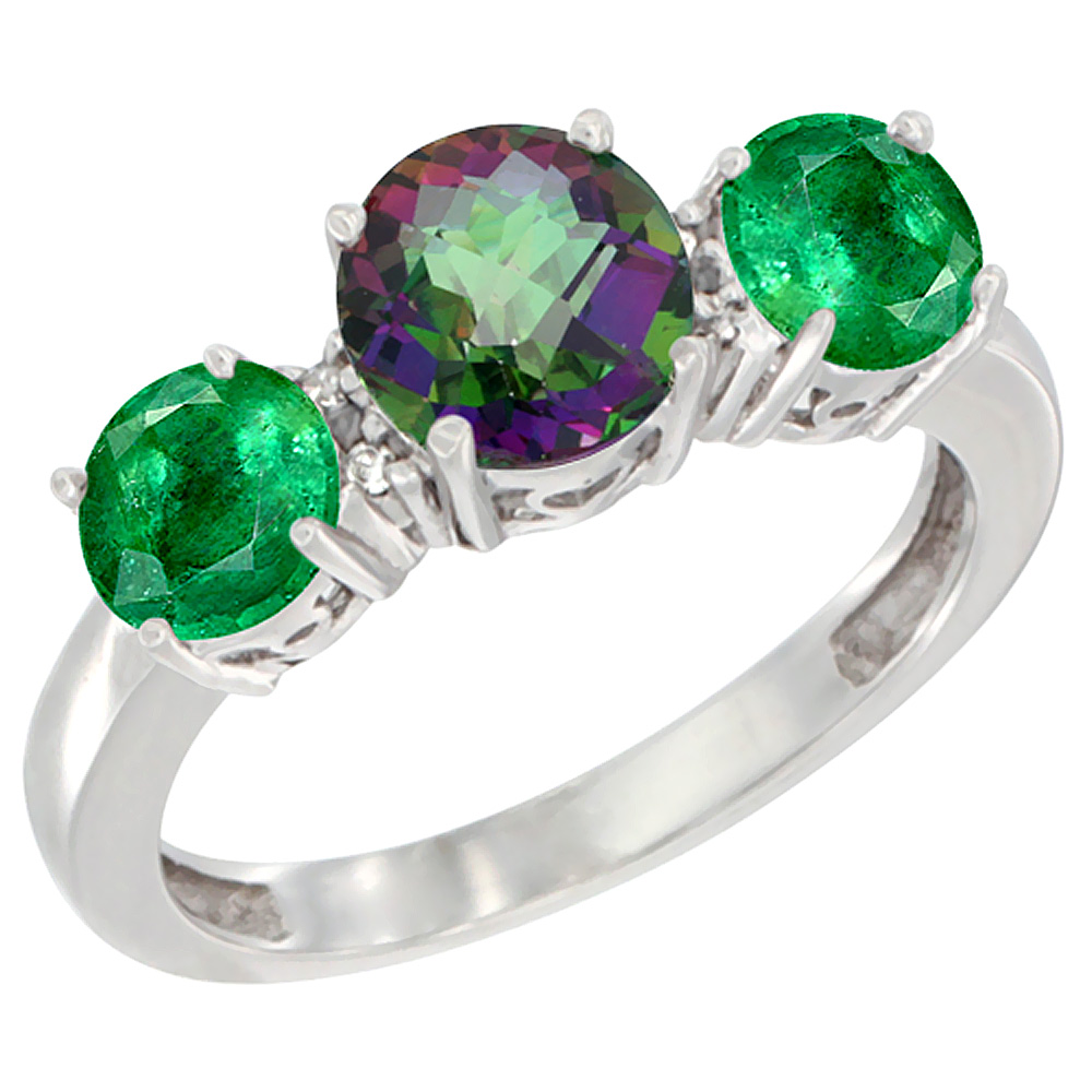 10K White Gold Round 3-Stone Natural Mystic Topaz Ring &amp; Emerald Sides Diamond Accent, sizes 5 - 10