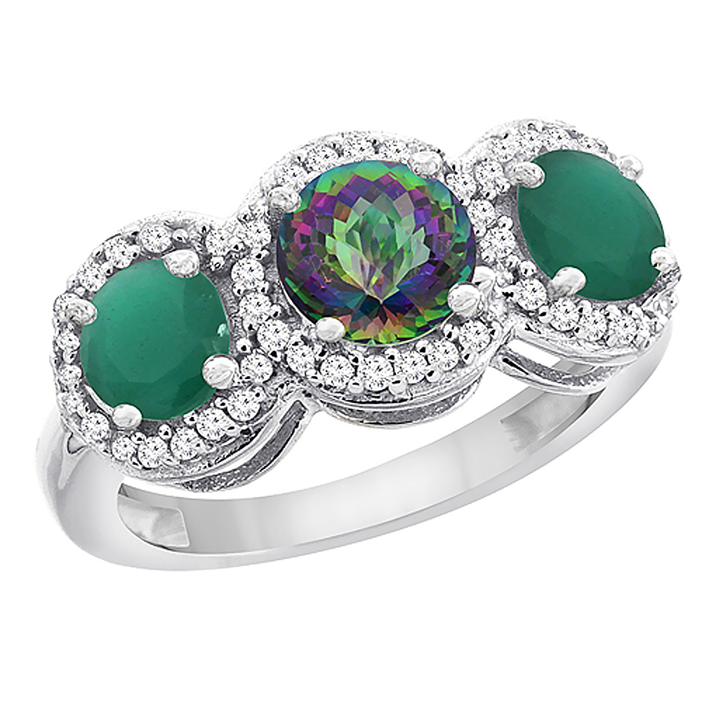 14K White Gold Natural Mystic Topaz &amp; Emerald Sides Round 3-stone Ring Diamond Accents, sizes 5 - 10
