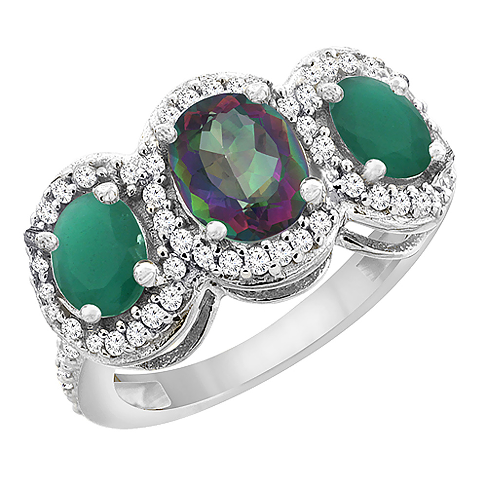 14K White Gold Natural Mystic Topaz & Cabochon Emerald 3-Stone Ring Oval Diamond Accent, sizes 5 - 10