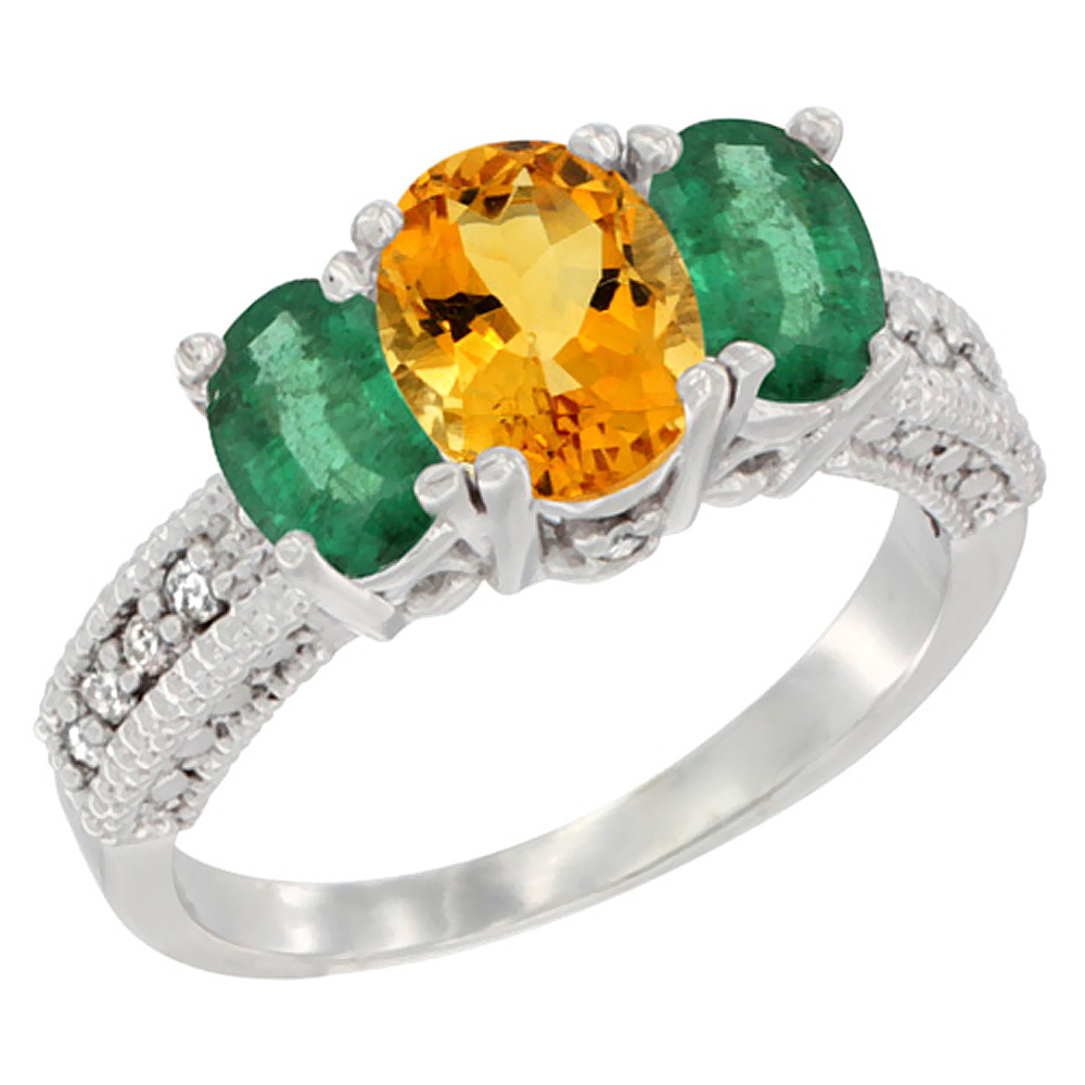 14K White Gold Diamond Natural Citrine 7x5mm & 6x4mm Quality Emerald Oval 3-stone Mothers Ring,sz5-10