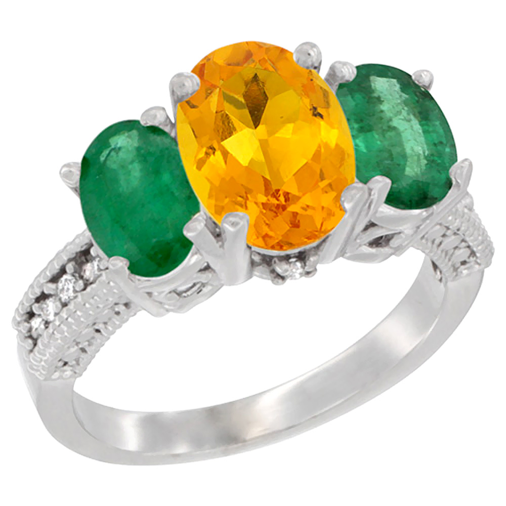 10K White Gold Diamond Natural Citrine Ring 3-Stone Oval 8x6mm with Emerald, sizes5-10