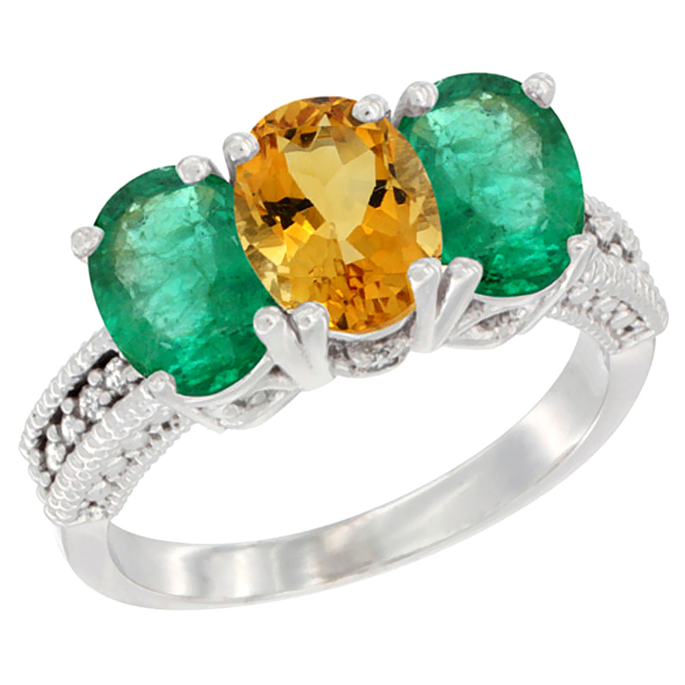 14K White Gold Natural Citrine &amp; Emerald Sides Ring 3-Stone 7x5 mm Oval Diamond Accent, sizes 5 - 10