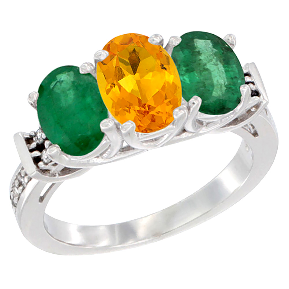 14K White Gold Natural Citrine &amp; Emerald Sides Ring 3-Stone Oval Diamond Accent, sizes 5 - 10