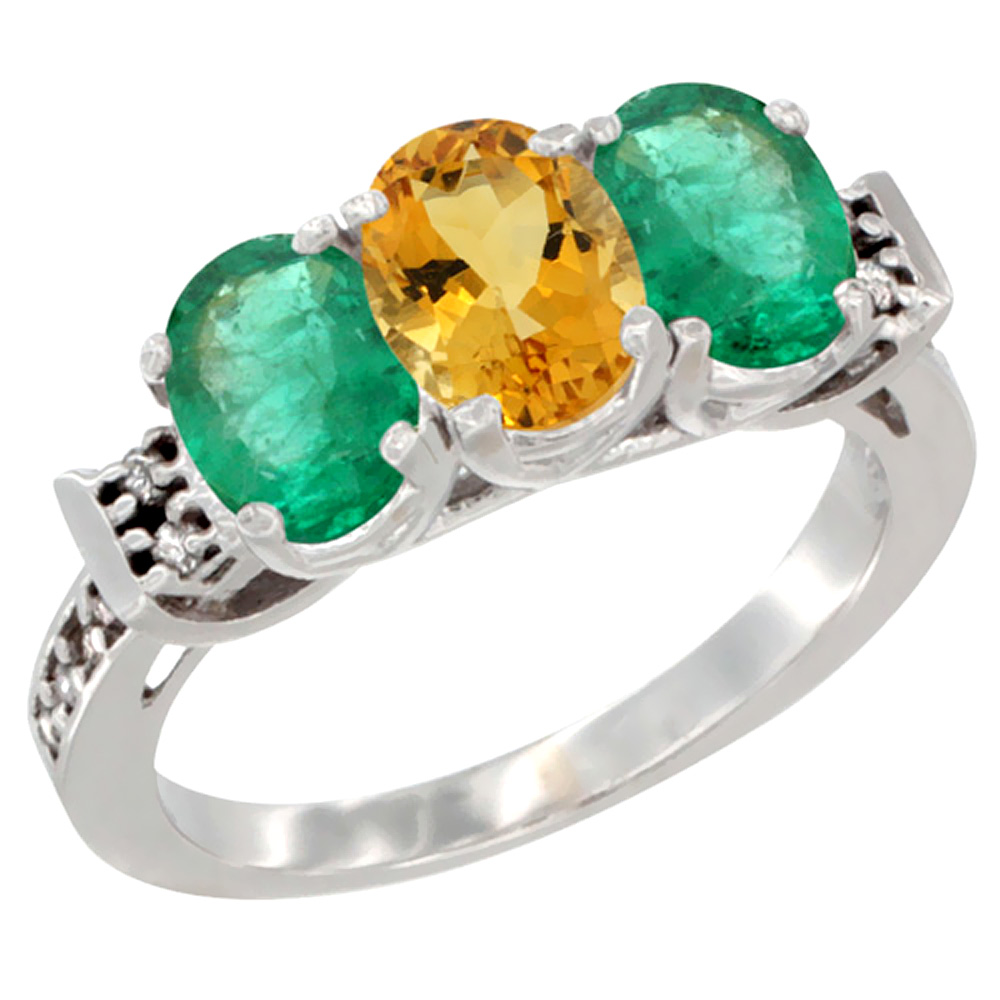 14K White Gold Natural Citrine & Emerald Sides Ring 3-Stone Oval 7x5 mm Diamond Accent, sizes 5 - 10