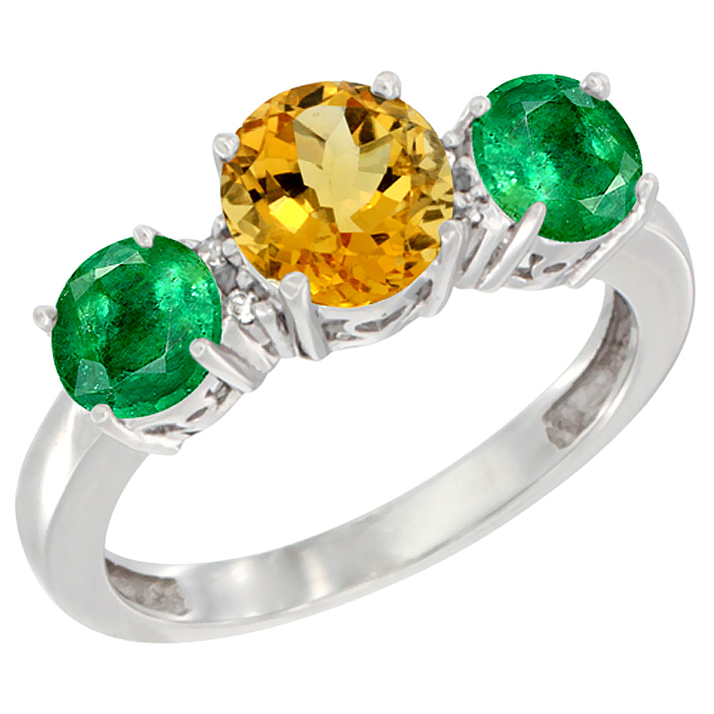 10K White Gold Round 3-Stone Natural Citrine Ring & Emerald Sides Diamond Accent, sizes 5 - 10