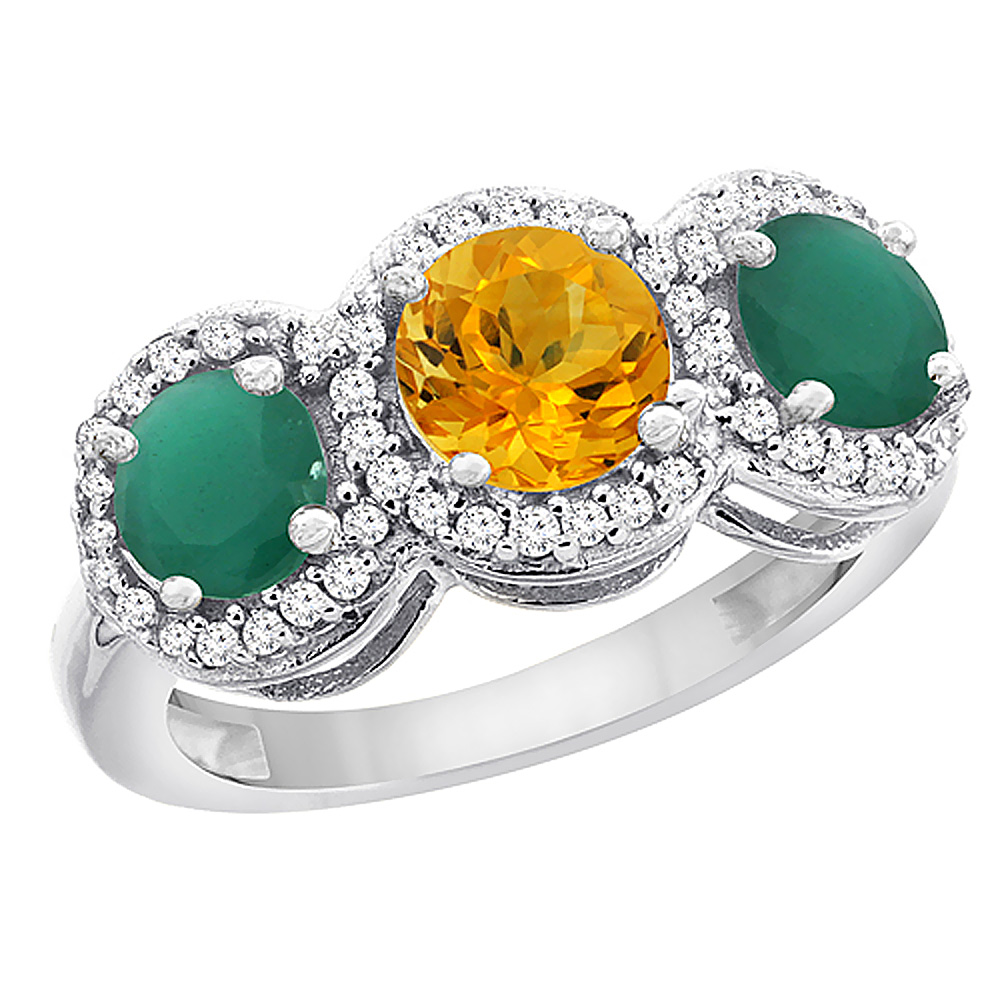 10K White Gold Natural Citrine &amp; Emerald Sides Round 3-stone Ring Diamond Accents, sizes 5 - 10