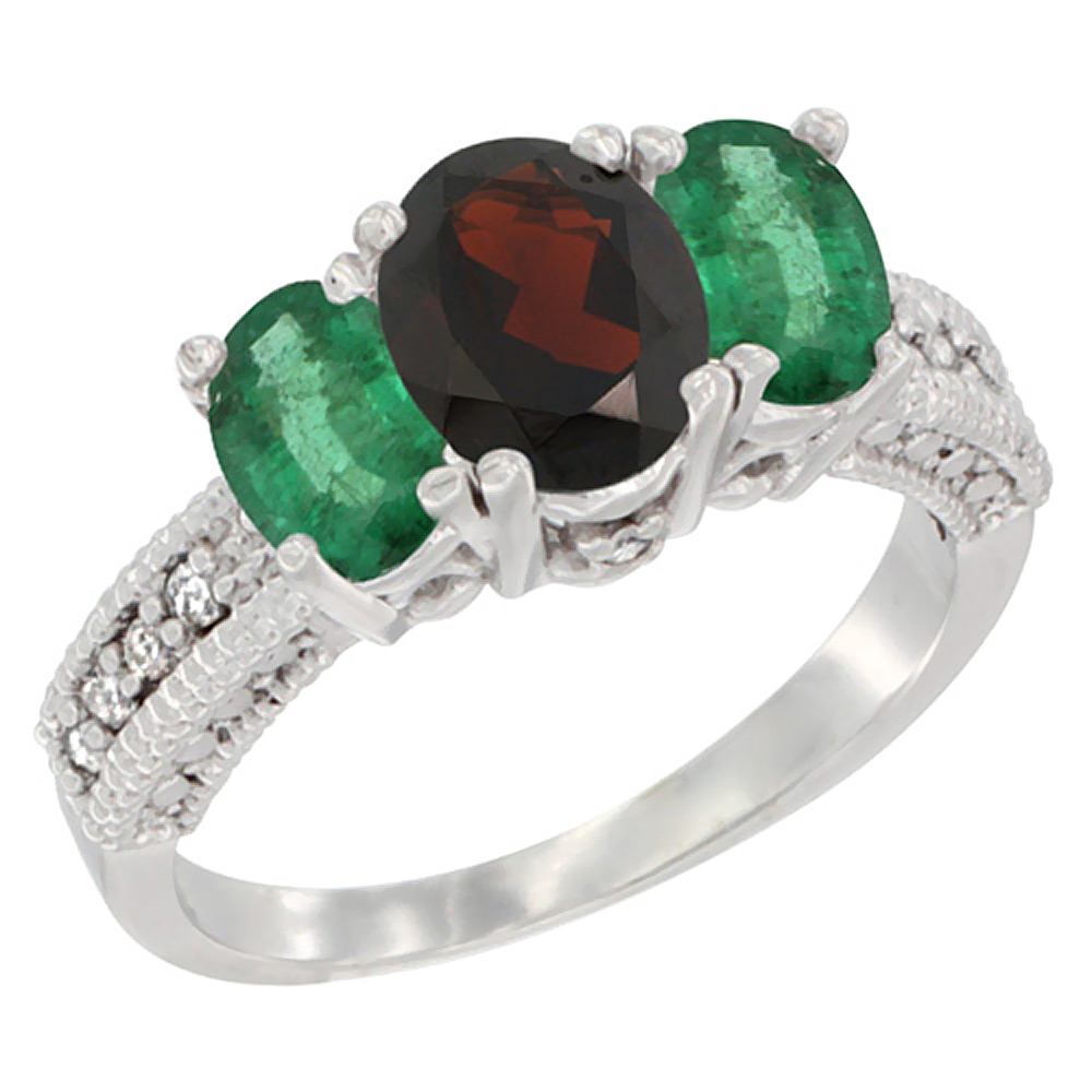 10K White Gold Diamond Natural Garnet Ring Oval 3-stone with Emerald, sizes 5 - 10