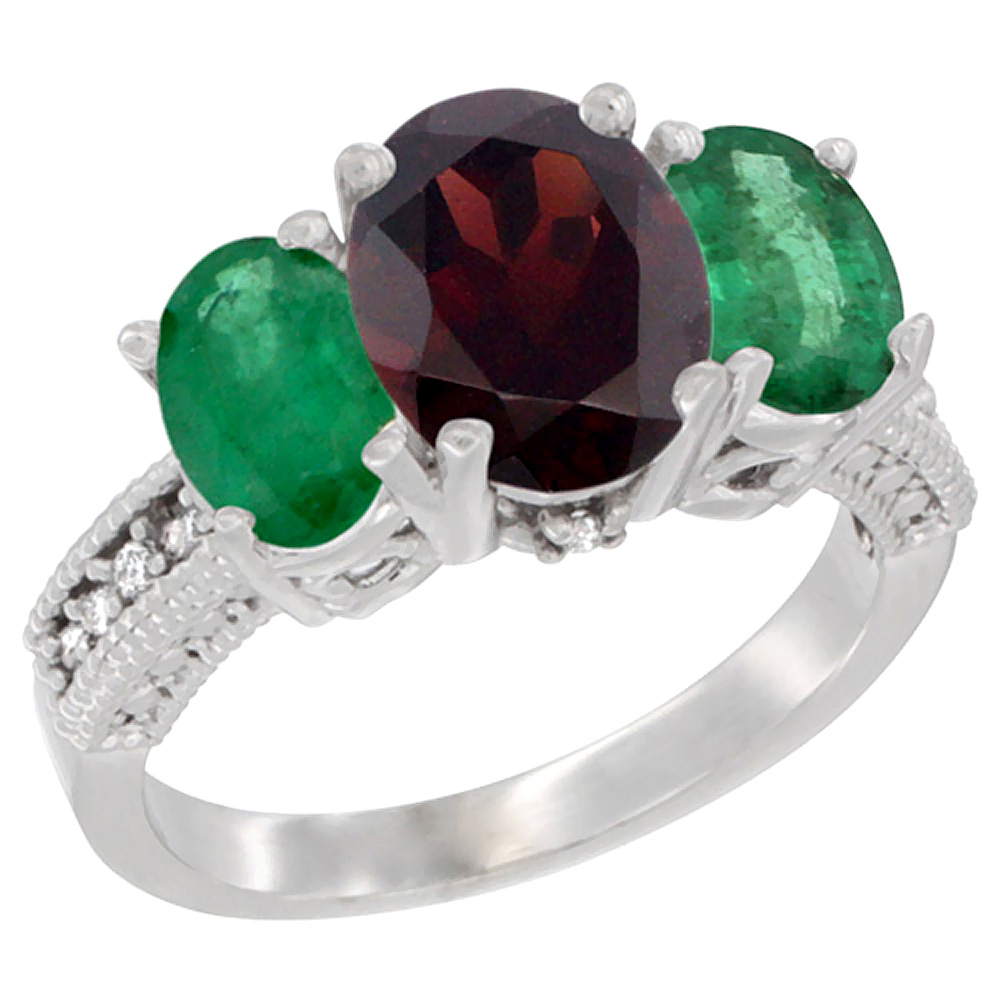 10K White Gold Diamond Natural Garnet Ring 3-Stone Oval 8x6mm with Emerald, sizes5-10