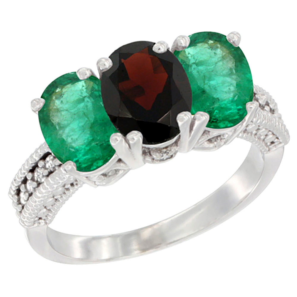 14K White Gold Natural Garnet & Emerald Sides Ring 3-Stone 7x5 mm Oval Diamond Accent, sizes 5 - 10