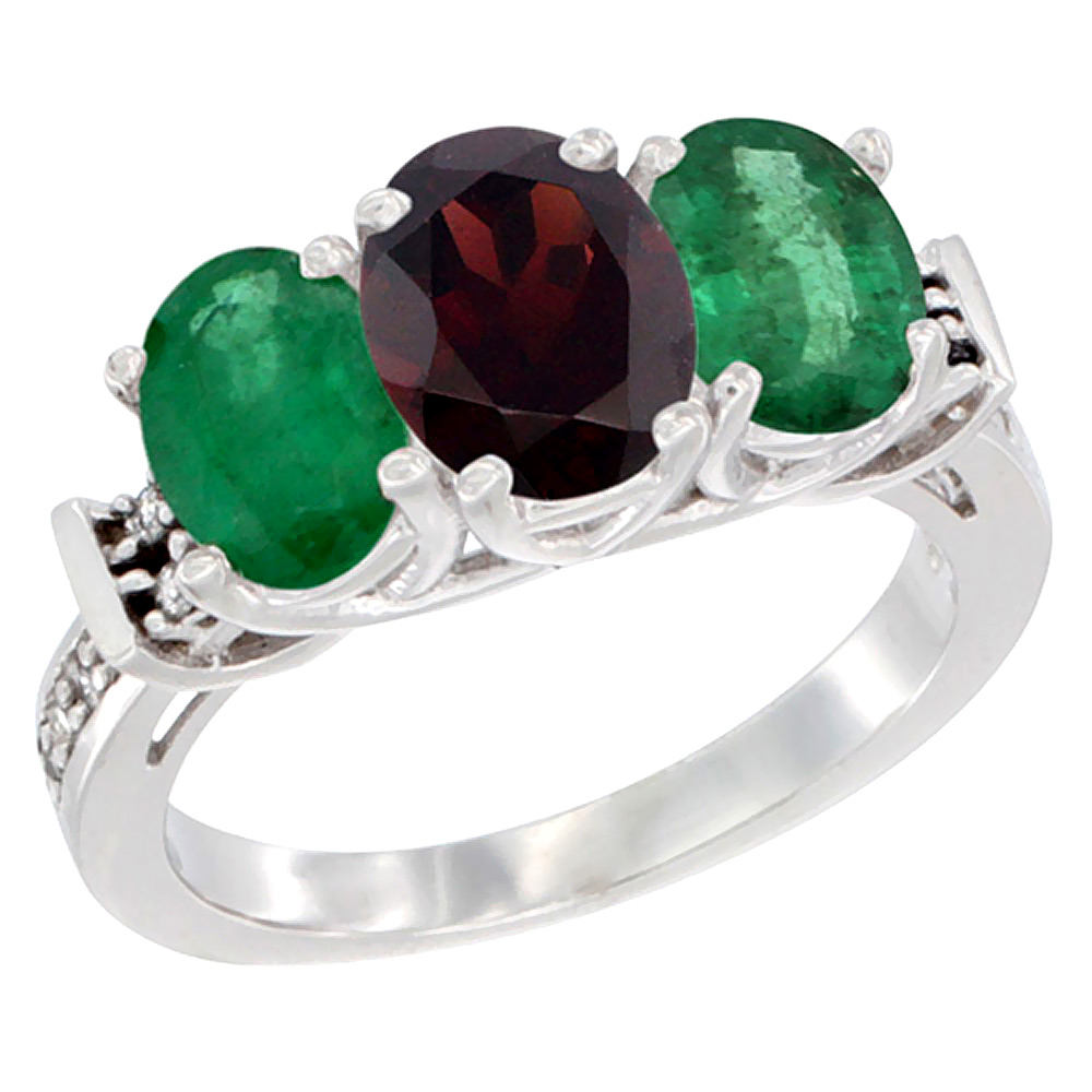 10K White Gold Natural Garnet & Emerald Sides Ring 3-Stone Oval Diamond Accent, sizes 5 - 10