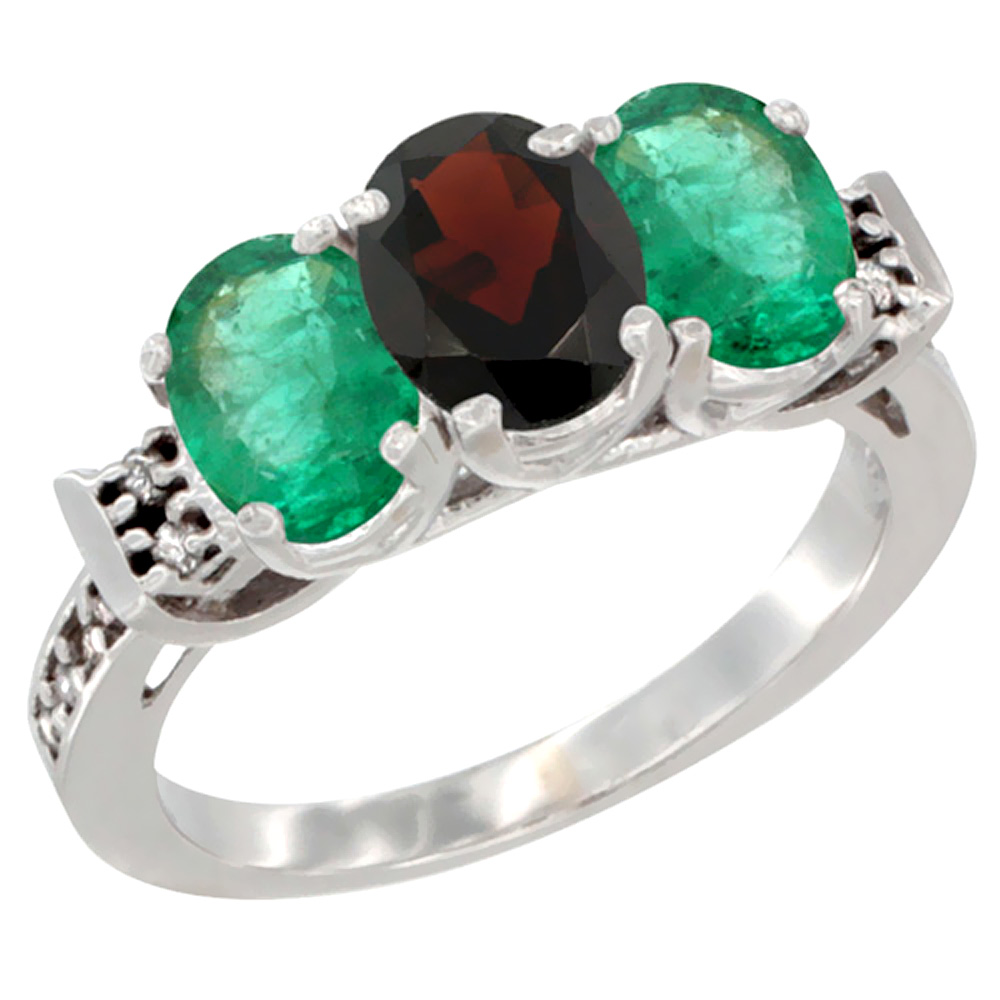 10K White Gold Natural Garnet & Emerald Sides Ring 3-Stone Oval 7x5 mm Diamond Accent, sizes 5 - 10