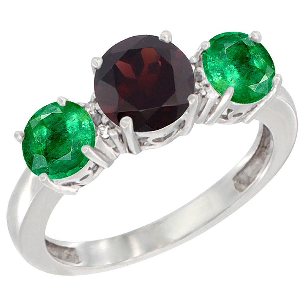 10K White Gold Round 3-Stone Natural Garnet Ring &amp; Emerald Sides Diamond Accent, sizes 5 - 10