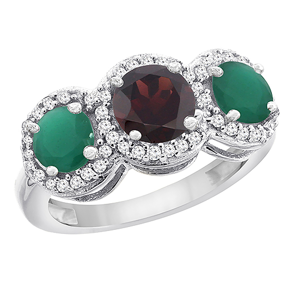 14K White Gold Natural Garnet &amp; Emerald Sides Round 3-stone Ring Diamond Accents, sizes 5 - 10
