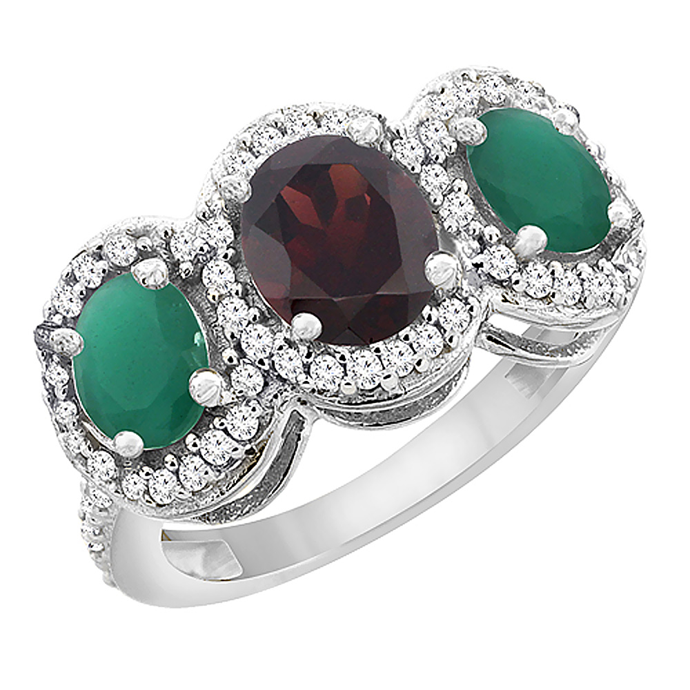 10K White Gold Natural Garnet & Cabochon Emerald 3-Stone Ring Oval Diamond Accent, sizes 5 - 10
