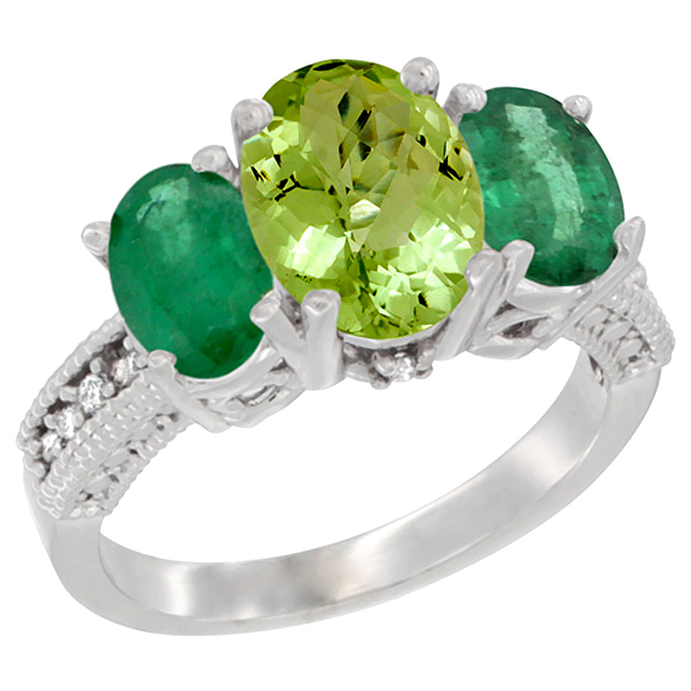 10K White Gold Diamond Natural Peridot Ring 3-Stone Oval 8x6mm with Emerald, sizes5-10