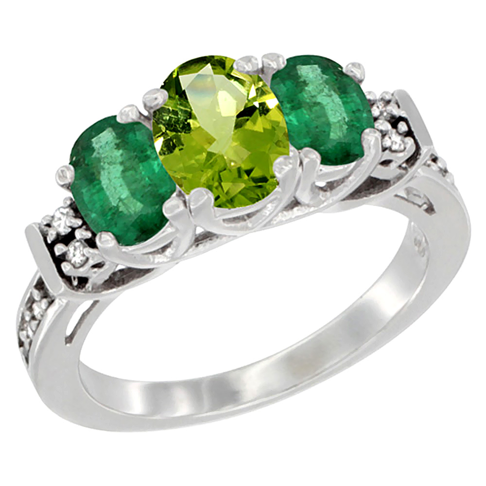 14K White Gold Natural Peridot & Emerald Ring 3-Stone Oval Diamond Accent, sizes 5-10