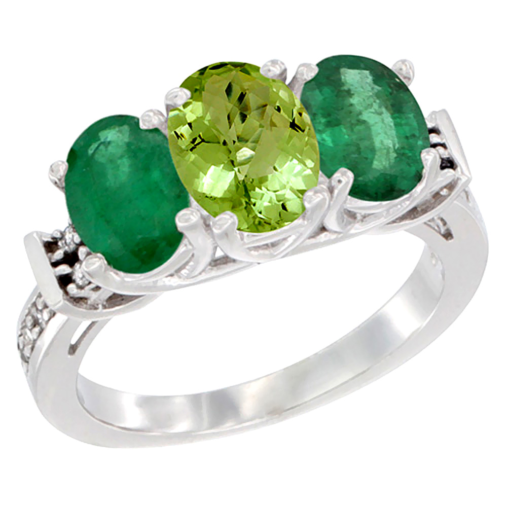 14K White Gold Natural Peridot & Emerald Sides Ring 3-Stone Oval Diamond Accent, sizes 5 - 10