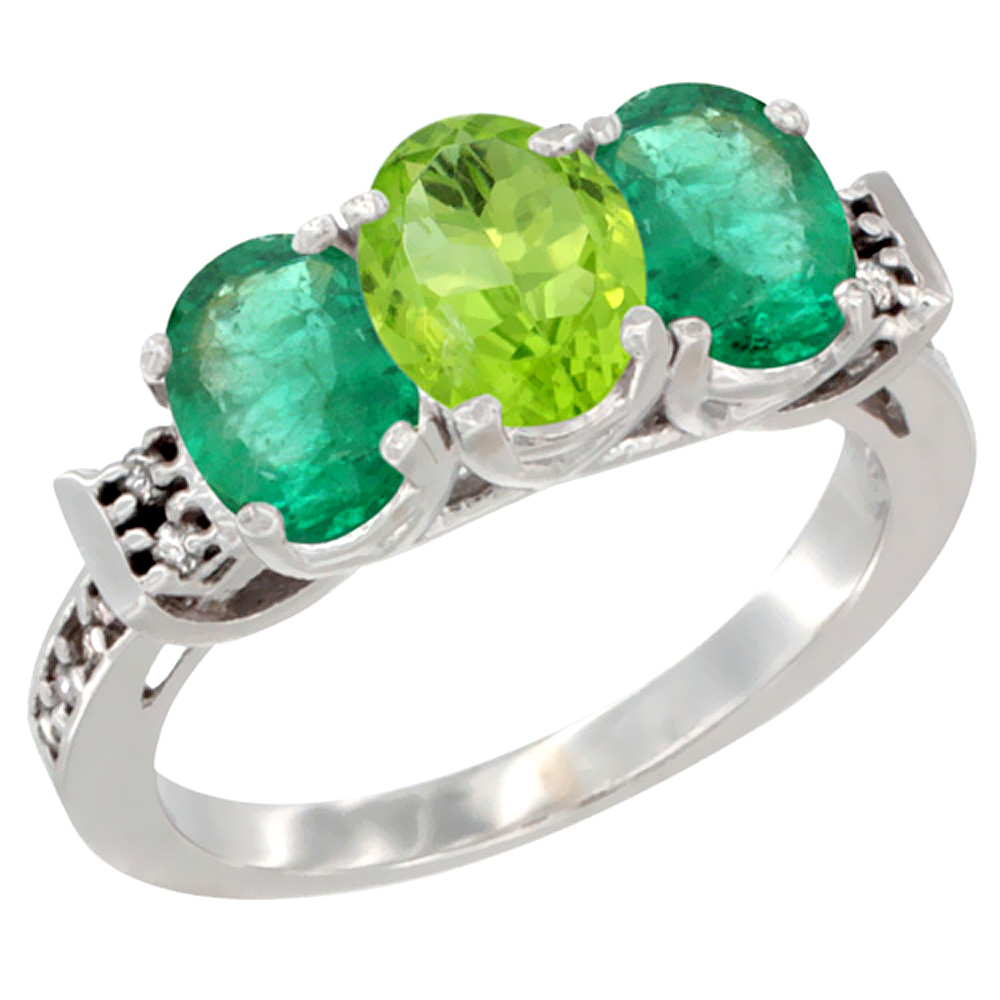 14K White Gold Natural Peridot &amp; Emerald Sides Ring 3-Stone Oval 7x5 mm Diamond Accent, sizes 5 - 10