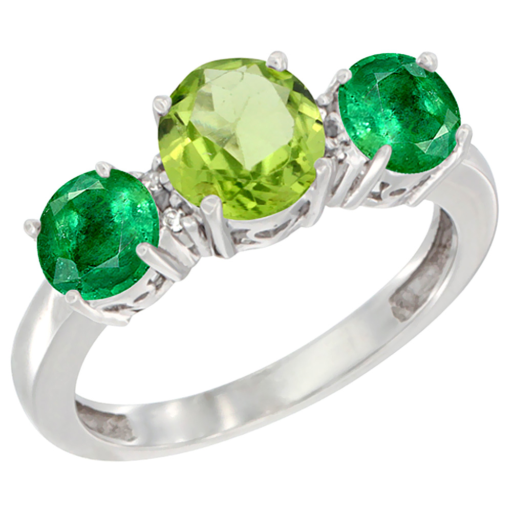 10K White Gold Round 3-Stone Natural Peridot Ring & Emerald Sides Diamond Accent, sizes 5 - 10
