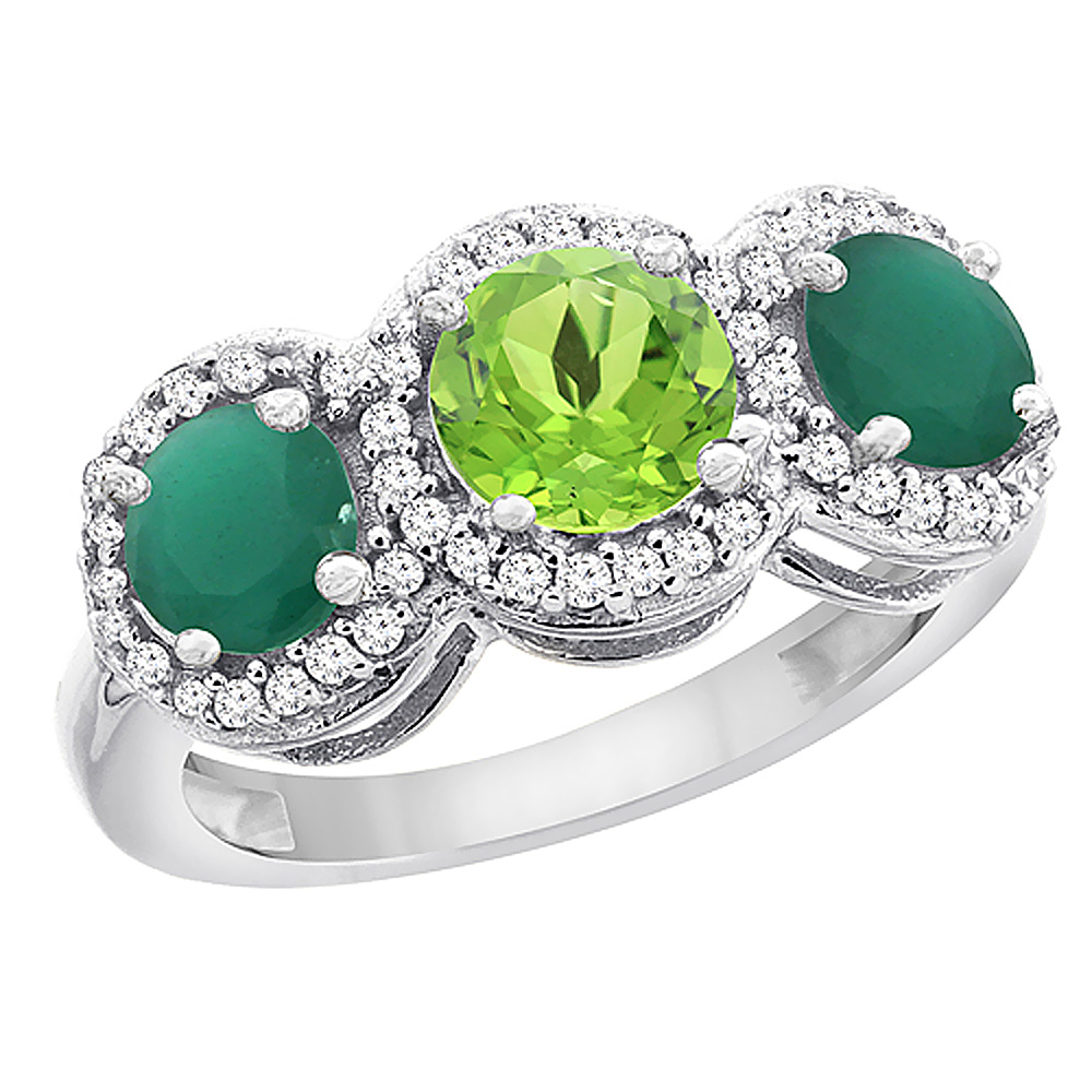 14K White Gold Natural Peridot &amp; Emerald Sides Round 3-stone Ring Diamond Accents, sizes 5 - 10
