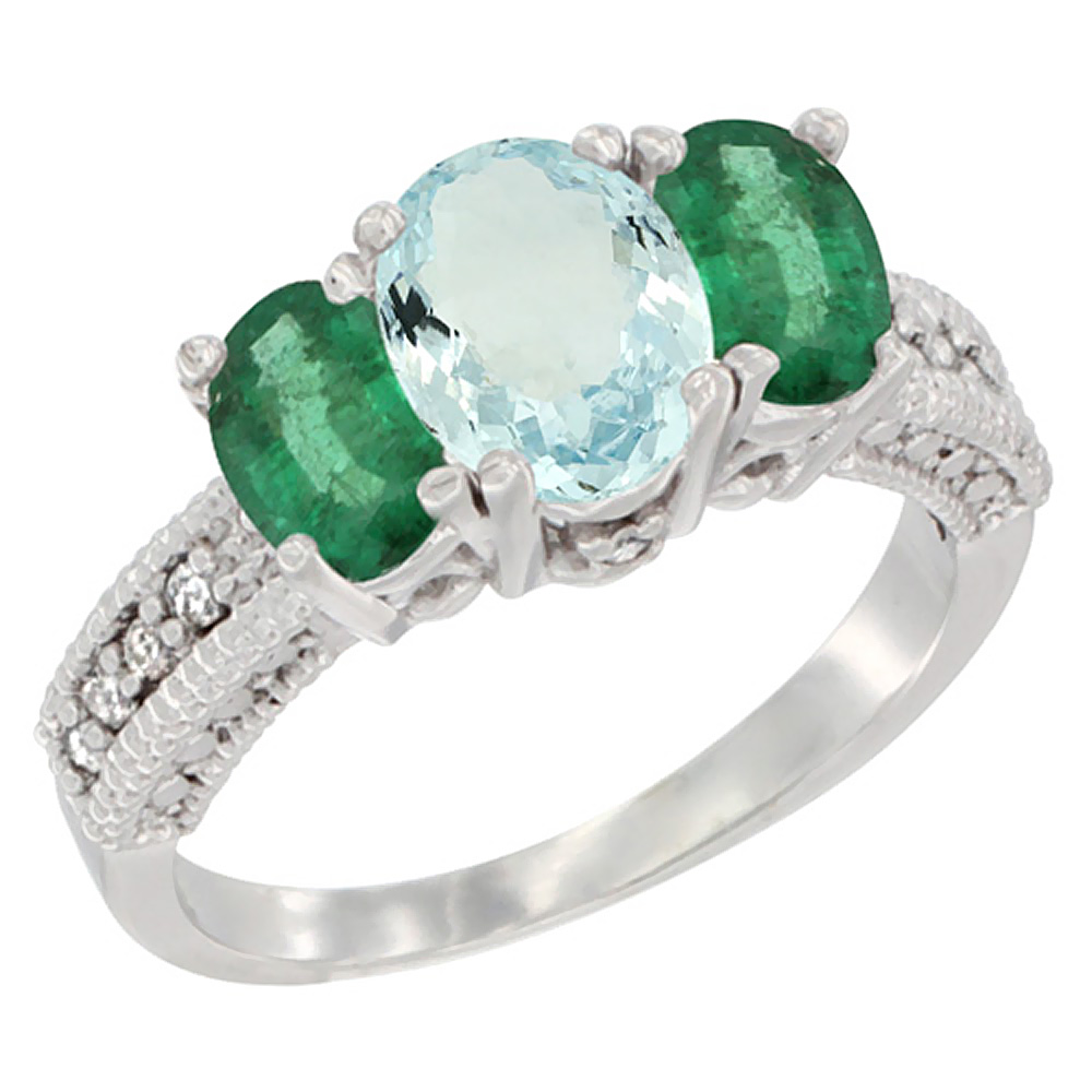 14K White Gold Diamond Natural Aquamarine 7x5mm &amp; 6x4mm Quality Emerald Oval 3-stone Mothers Ring,sz5-10