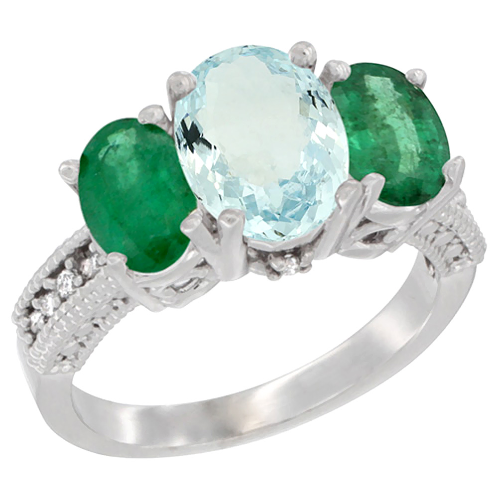 14K White Gold Diamond Natural Aquamarine Ring 3-Stone Oval 8x6mm with Emerald, sizes5-10