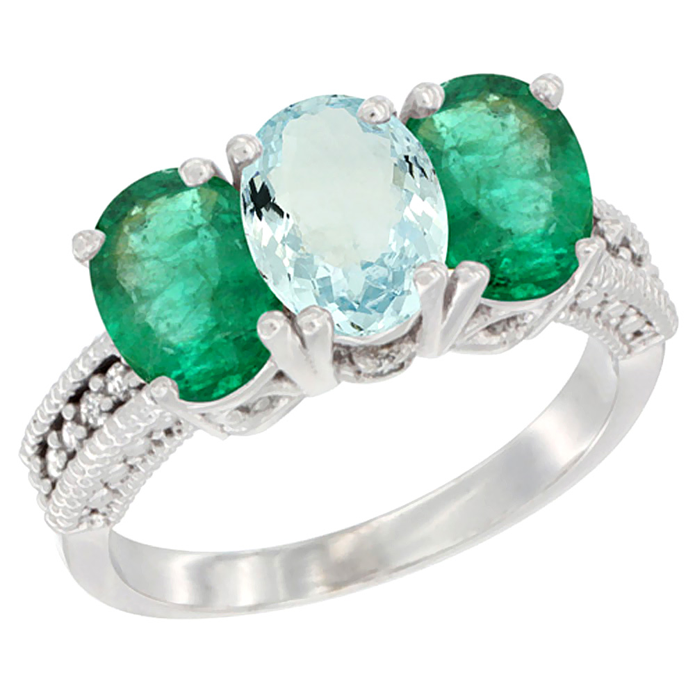 14K White Gold Natural Aquamarine &amp; Emerald Sides Ring 3-Stone 7x5 mm Oval Diamond Accent, sizes 5 - 10